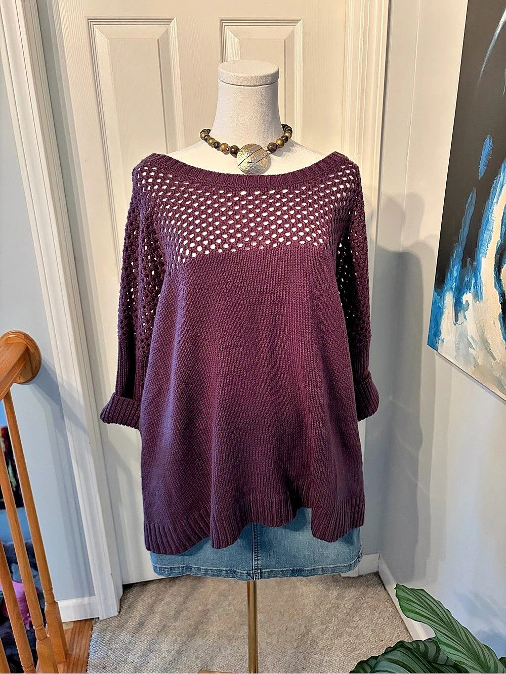 bar III Open Knit Sweater in Purple Size S/M